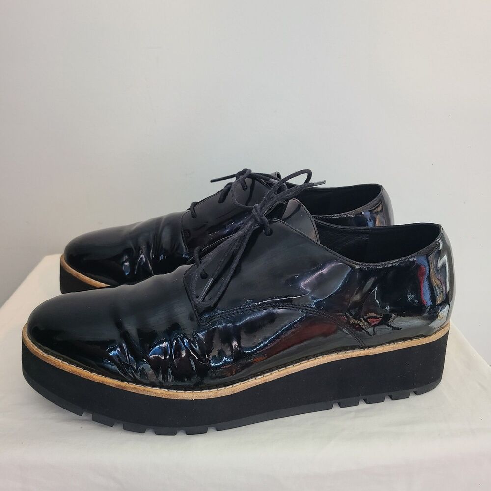Eileen Fisher Eddy Black Patent Leather Platform Oxfords Sz 11 Corporate Goth - Picture 2 of 8